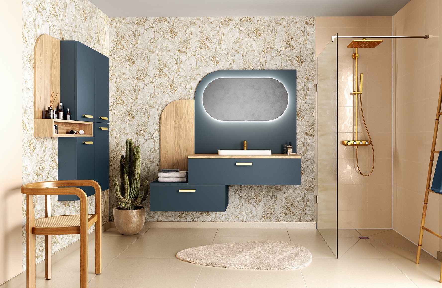 Salle de bain bleue et bois