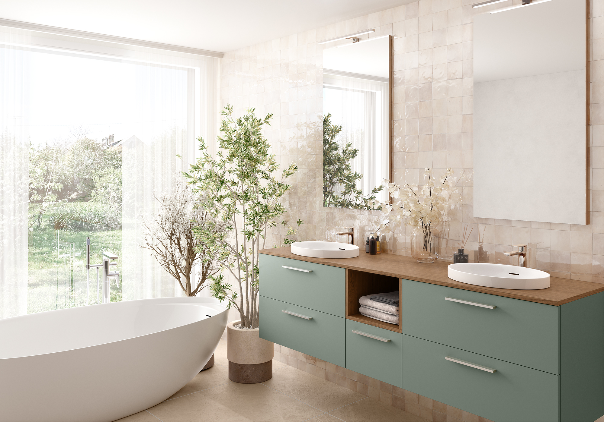 Salle de bain verte et bois